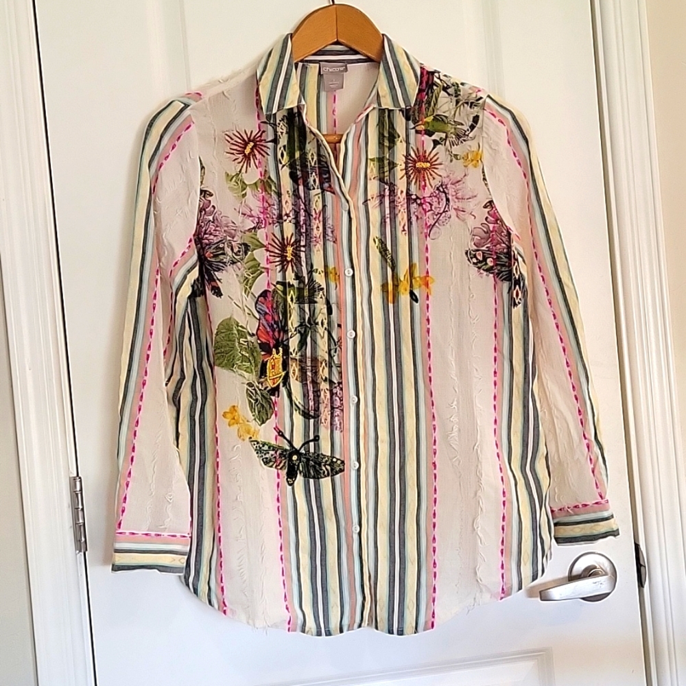 Chico's Embroidered Floral Bird Top Size M
